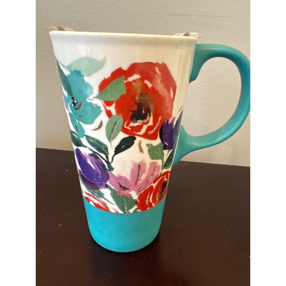 Cypress Home Ceramic Floral Travel Mug with Lid Teal Blue Red Purple Flower